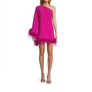 Feather Trim Asymmetrical One Sleeve Shift Mini Dress